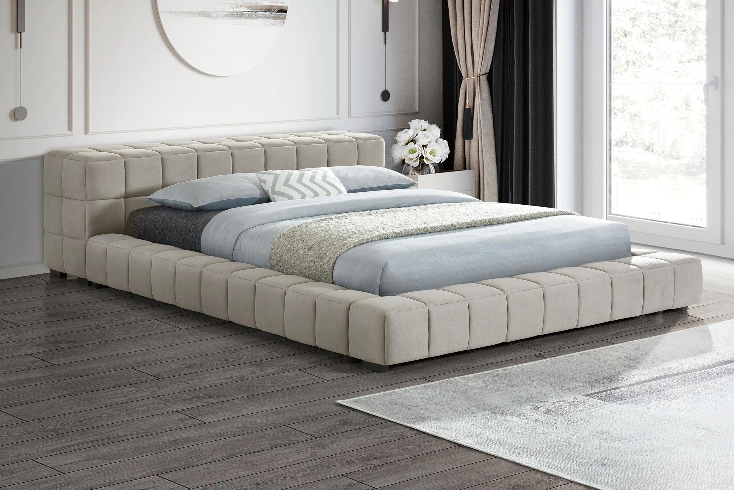 Trinity Light Taupe Upholstered Queen Platform Bed