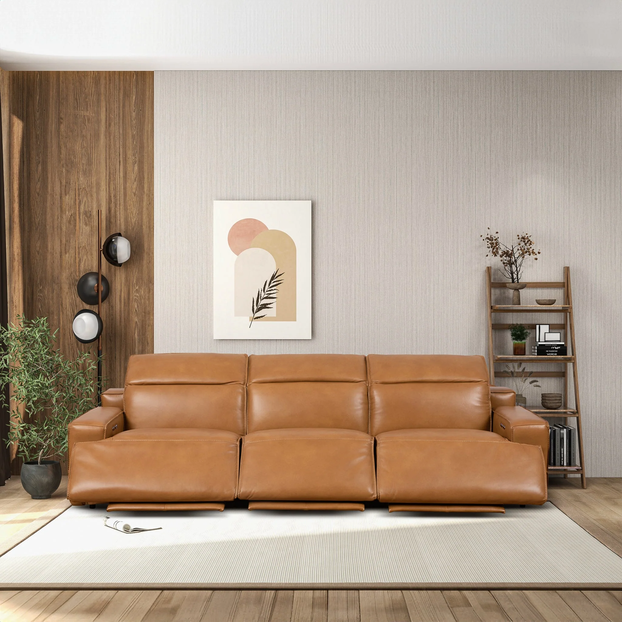 Urbana Triple PWR Tan Leather Recliner Sofa - Image 5