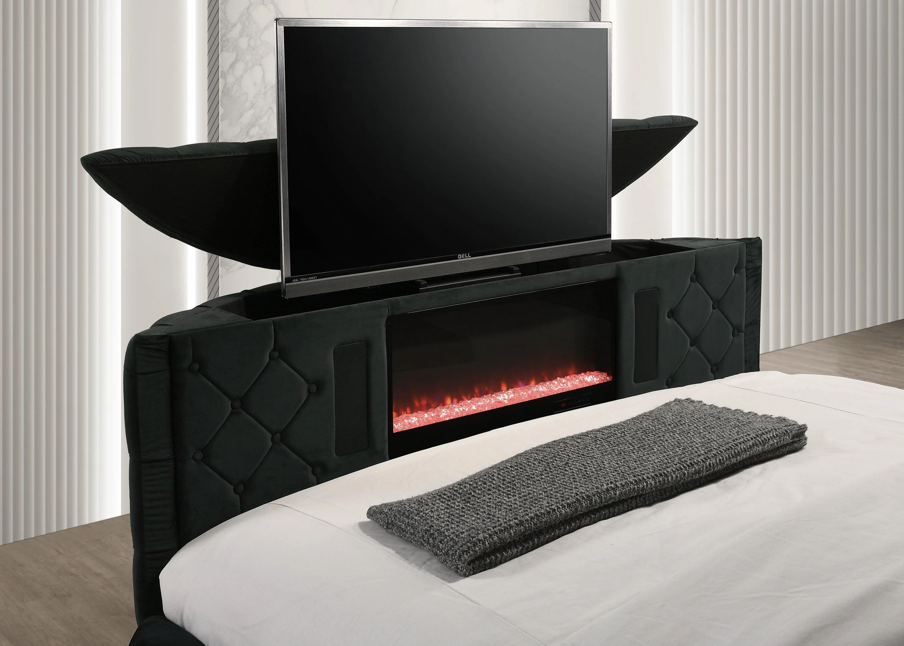 Voltare Black King Upholstered Fireplace Bed with TV Lift - Image 4