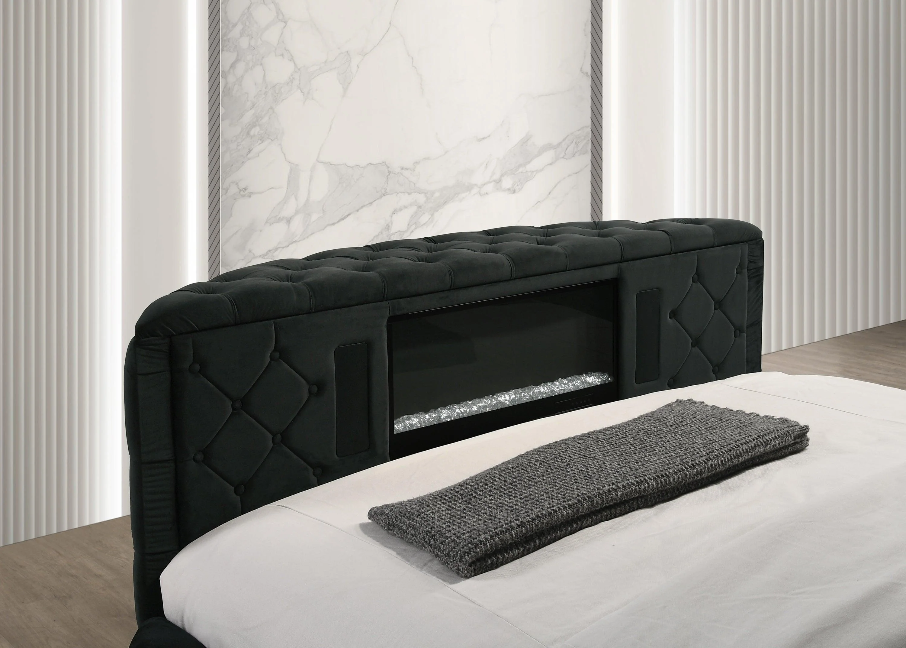 Voltare Black King Upholstered Fireplace Bed with TV Lift - Image 5