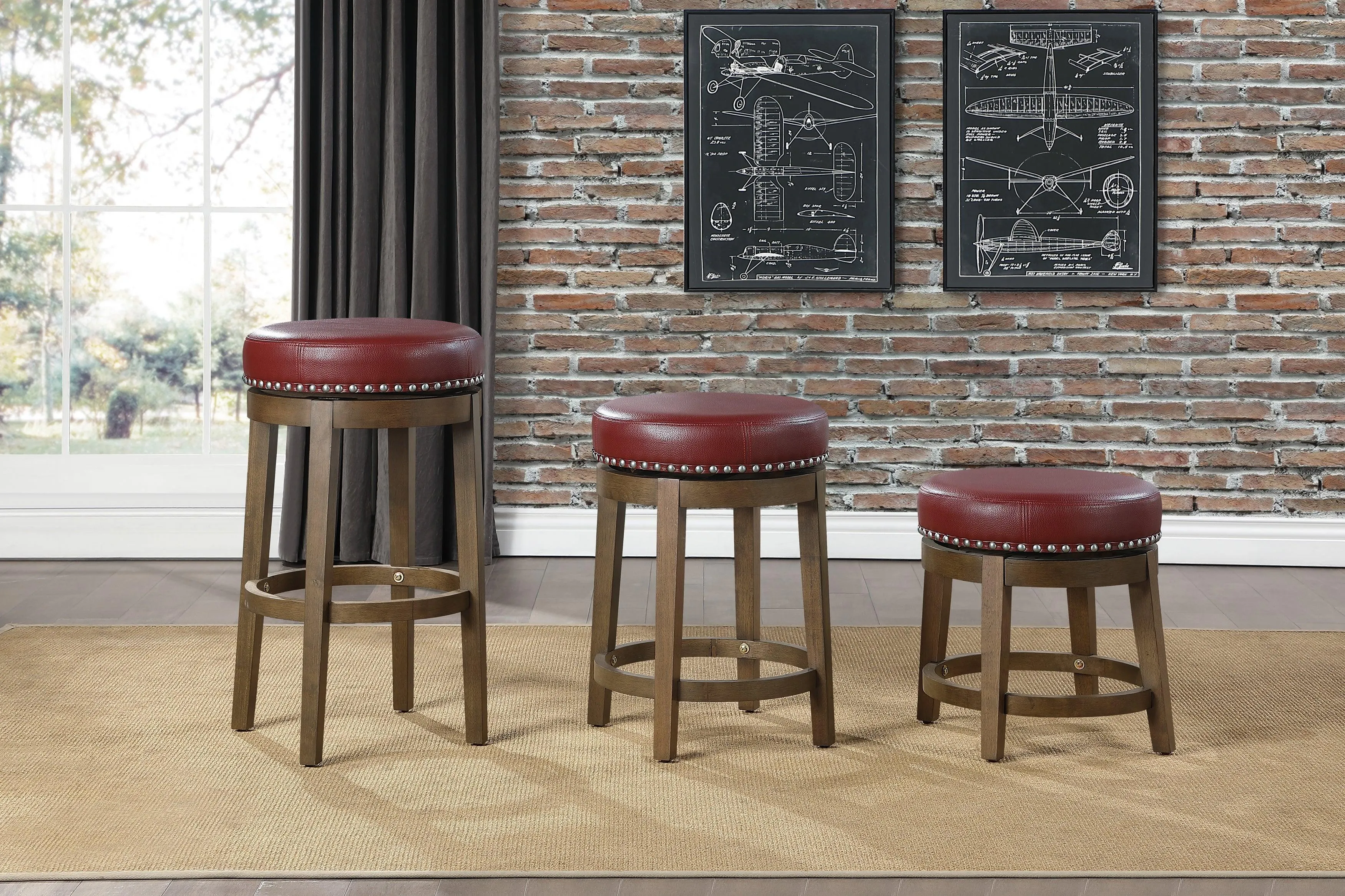 Westby Red/Brown Round Swivel Pub Height Stool, Red, Set of 2 - Image 2