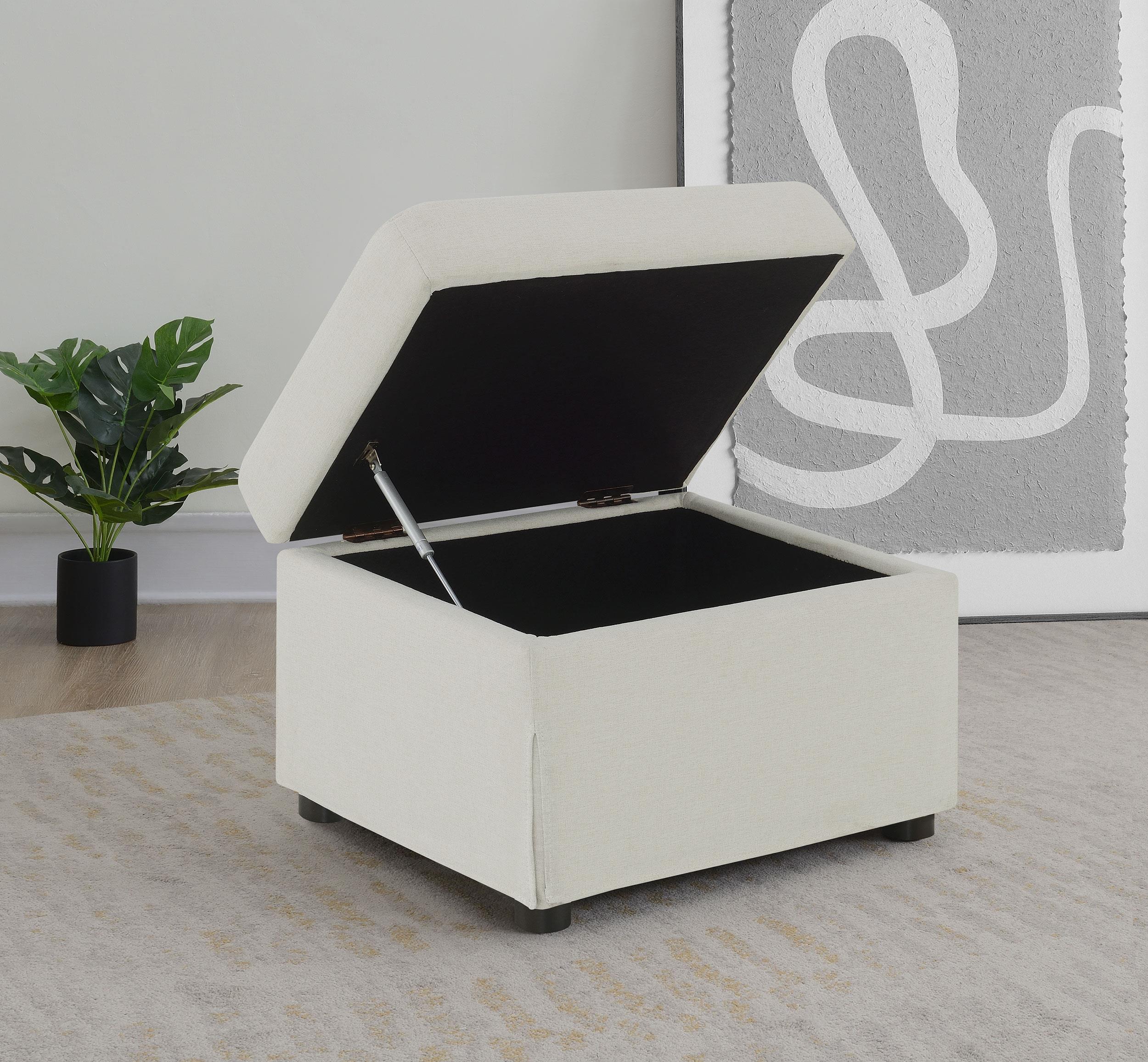 Winter Beige Upholstered Hydraulic Lift Top Storage Ottoman - Image 2